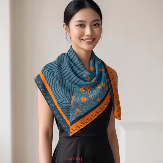 Orange and navy silk scarf 100x100cm